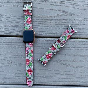 Leather Apple Watch Band Luxury Designer Flower Print 38mm 40mm 42mm 44mm Silver